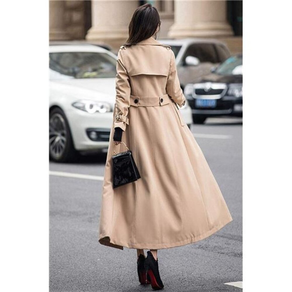 Women's Double Breasted Duster Trench Coat Slim Full Length Maxi Long - Picture 3 of 5